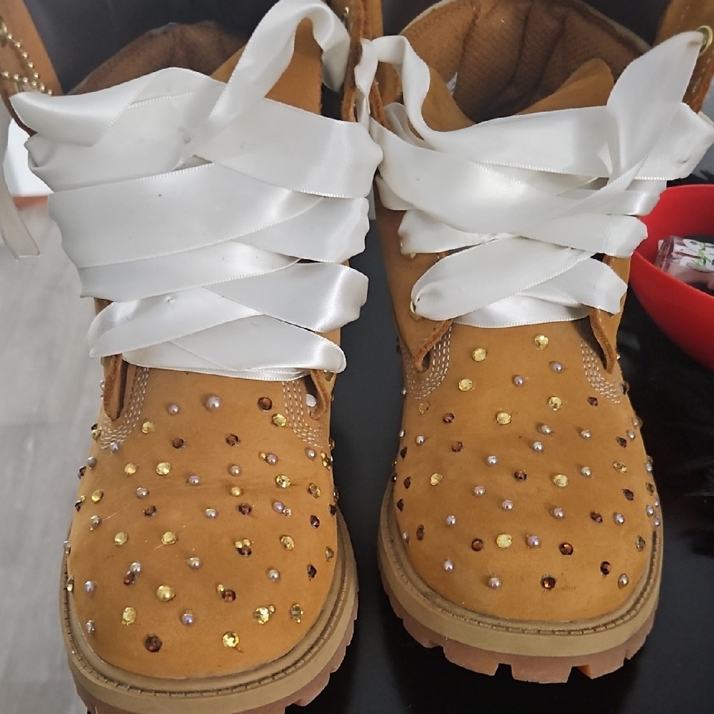 Big Kids Tan Studded Boots Timberlands